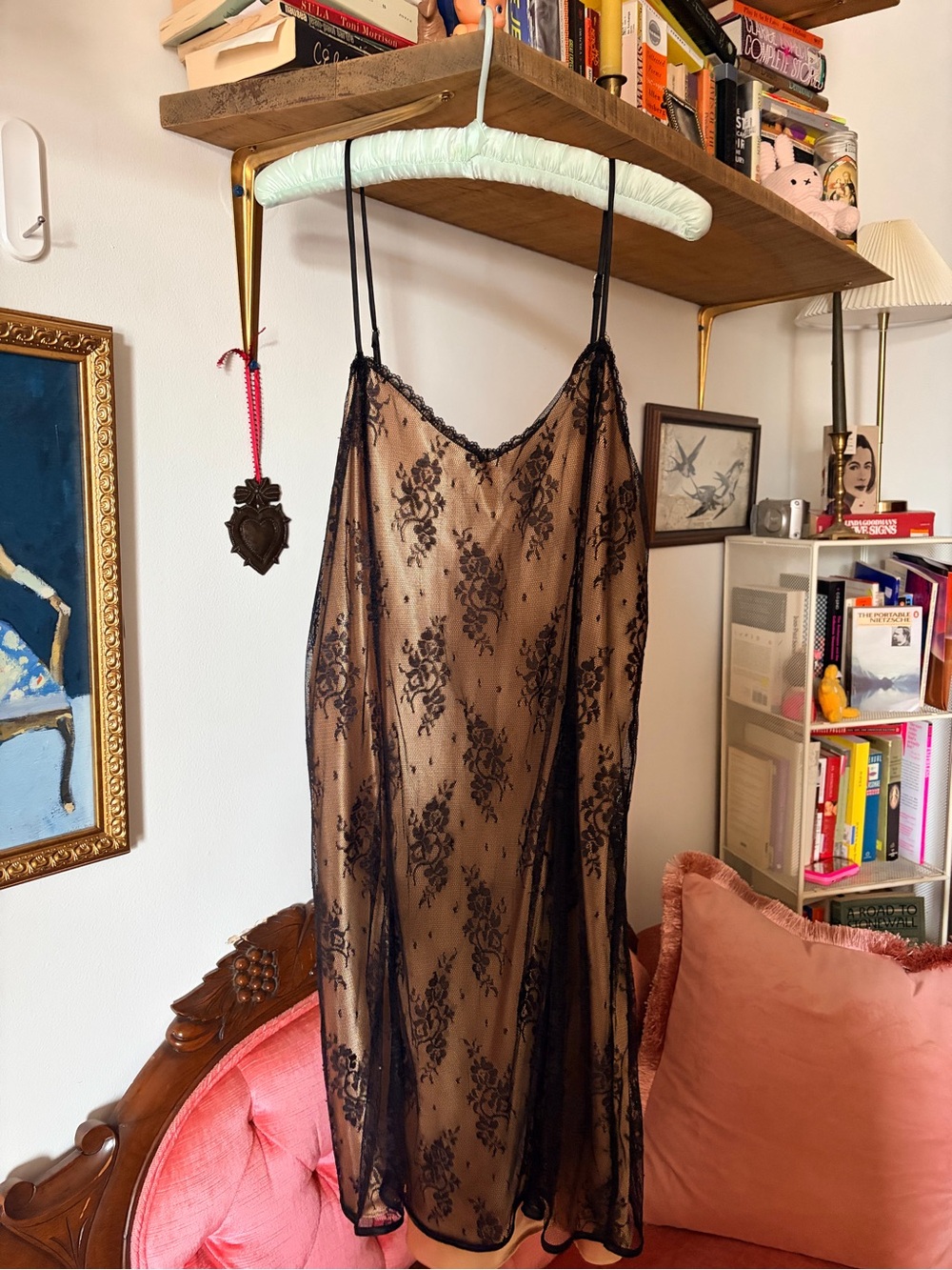 Gloria Vanderbilt Black Lace Overlay Nude Slip Dress